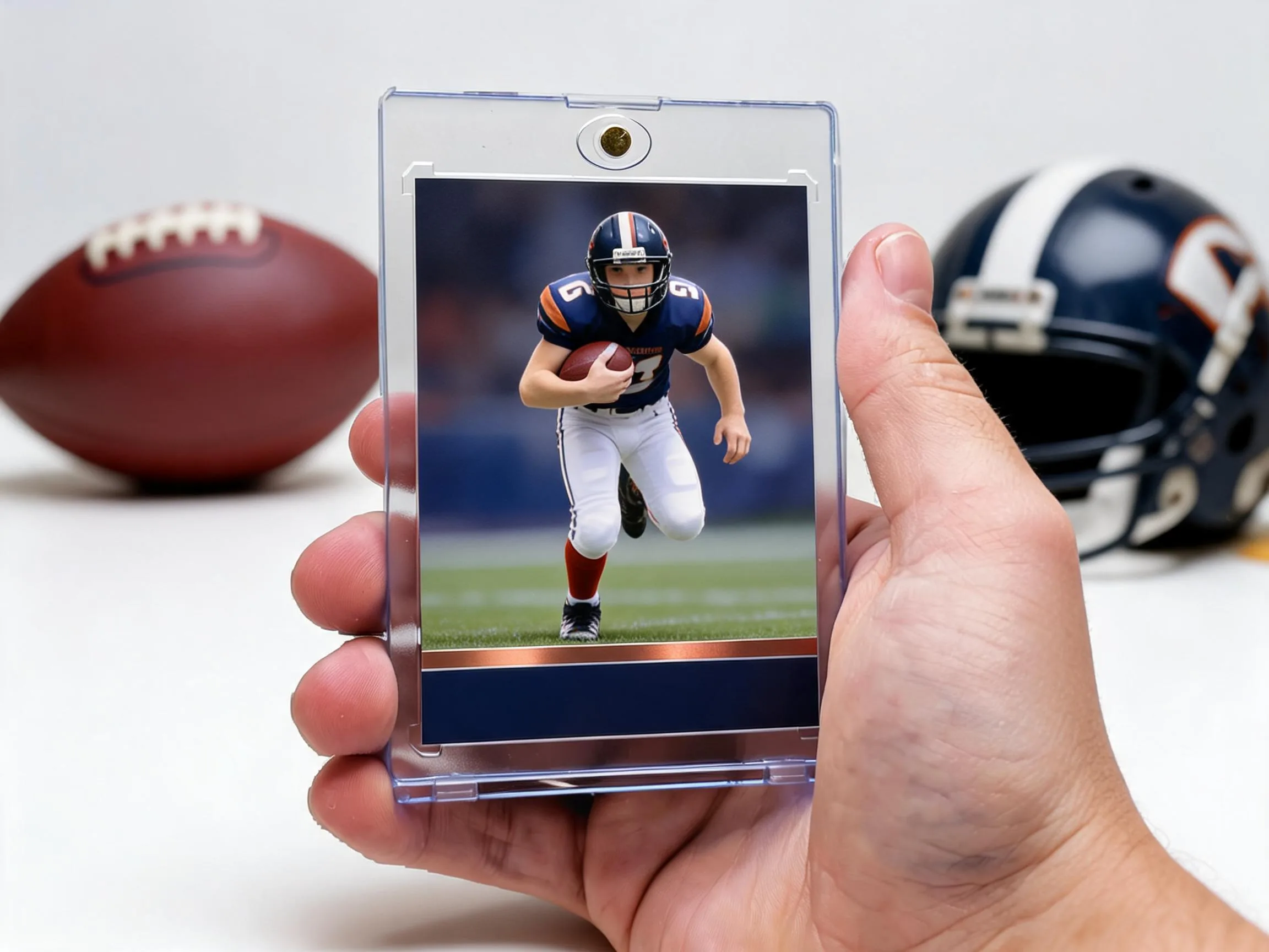 Custom football trading card in clear magnetic case, running back design, on white tabletop.