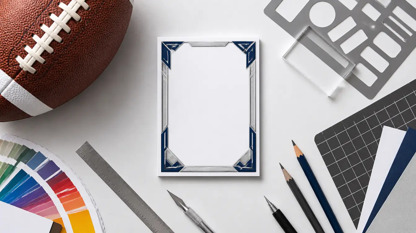 A blank football trading card beside a football and design tools