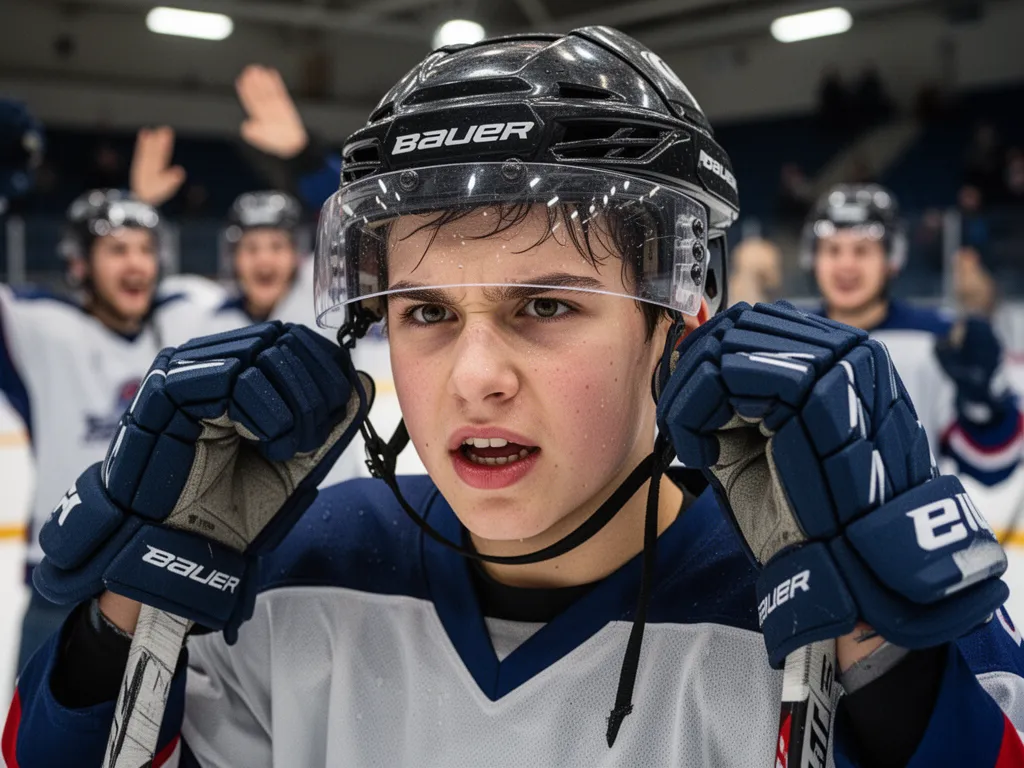 Young hockey player removing helmet with proud expression and celebrating teammates in background