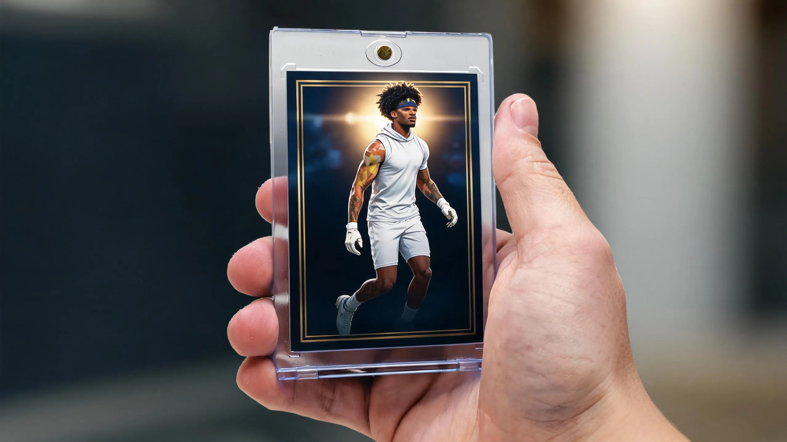 Hand holds magnetic case with custom athlete card — make your own magic card, stadium-night design.