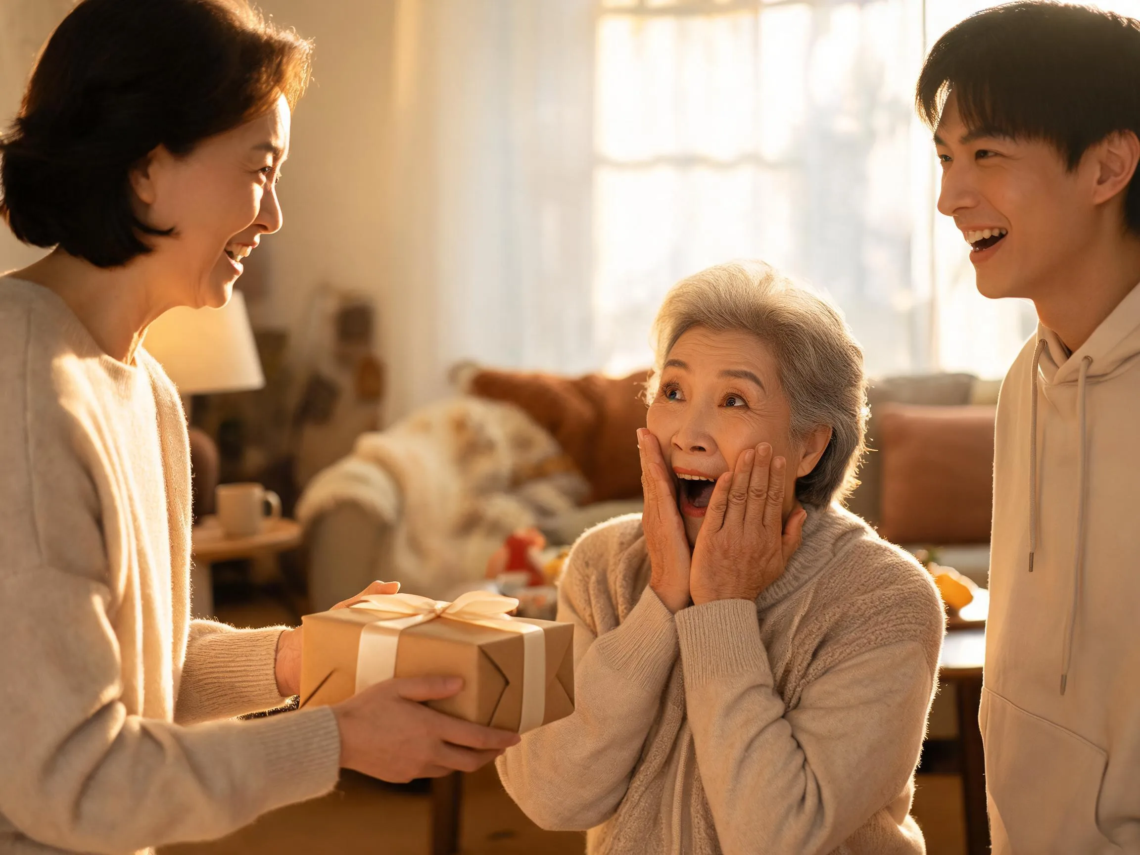 Older adult reacts with joyful surprise while receiving an unexpected gift indoors.