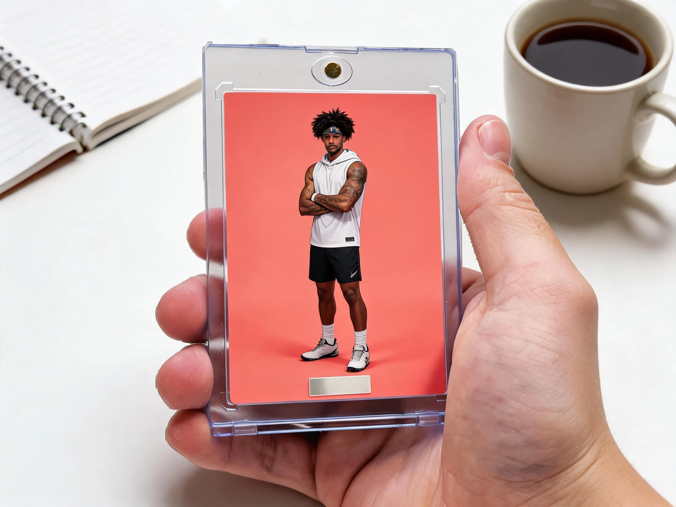 Custom keepsake trading card with coral editorial design inside a magnetic display case.