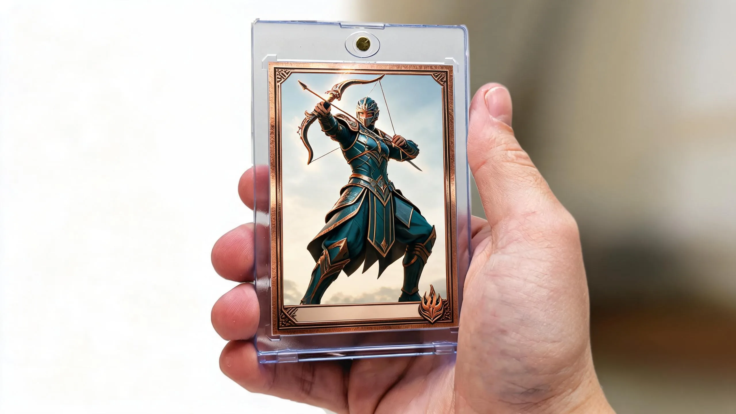 Hand holding magnetic case with fantasy archer card — make your own mtg card design idea.