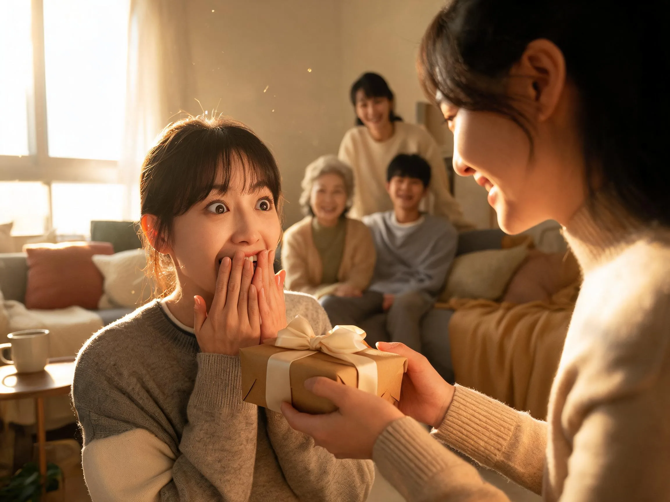 Person reacting with genuine surprise to an unexpected gift in warm light.