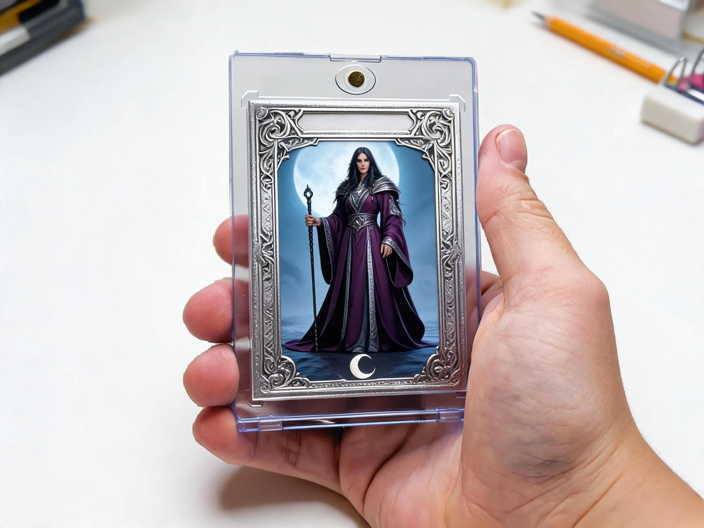 Custom keepsake trading card with framed sorceress art in magnetic display case.