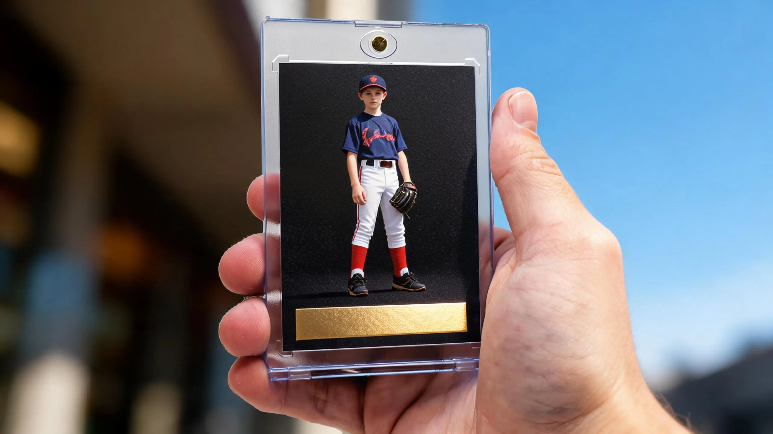 Hand holding magnetic case with custom athlete card, from make your own panini card design