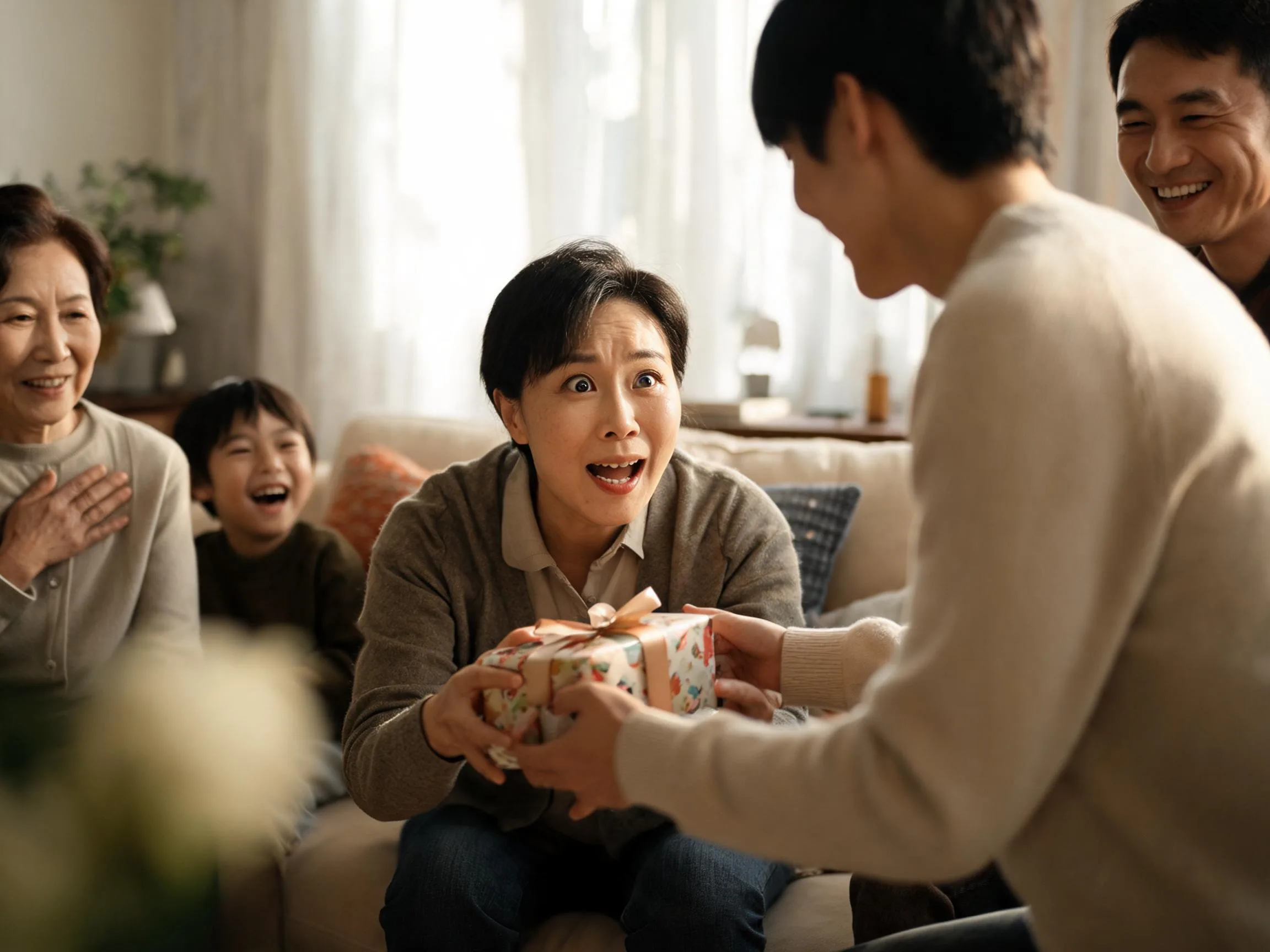 Family member reacting with joyful surprise while being handed an unexpected gift