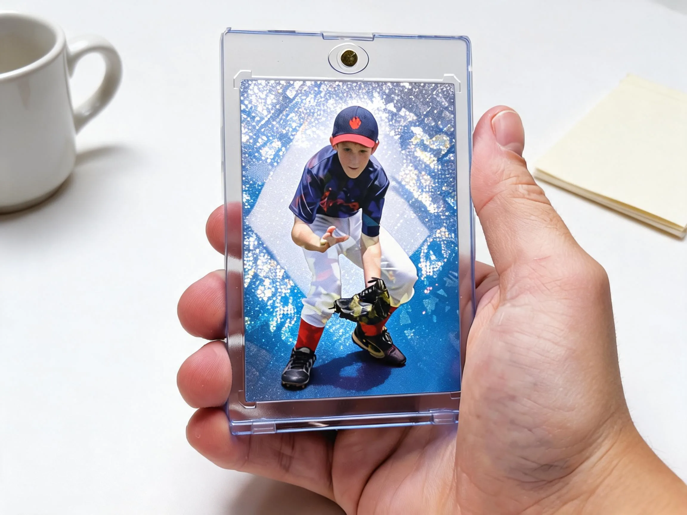 Custom keepsake trading card in a clear magnetic case on white shelf