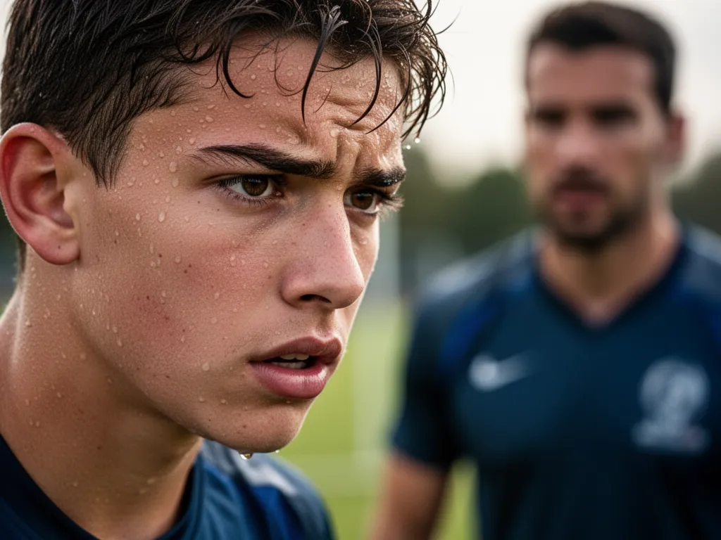 Young athlete's concentrated face during intense training with blurred teammate in background