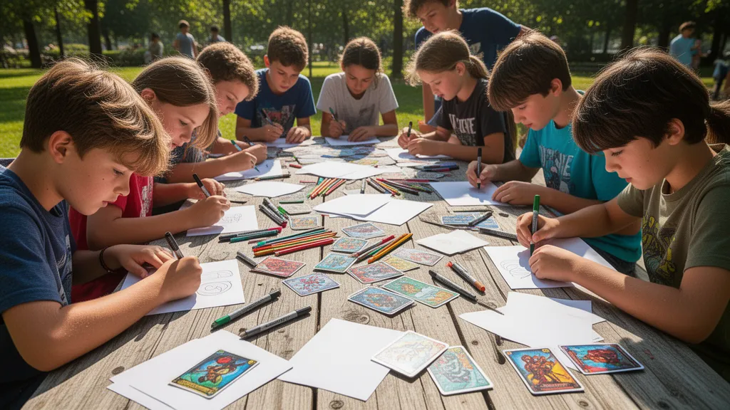 Kids and teens creating custom trading cards together at outdoor table in natural sunlight