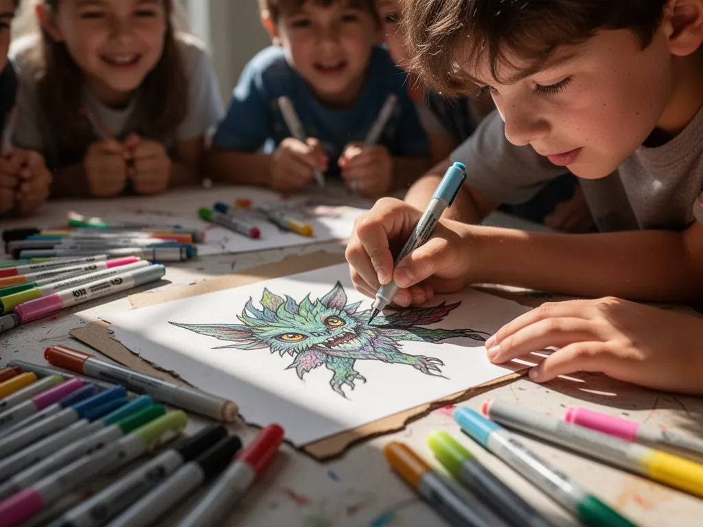 Child's hands drawing detailed creature artwork on blank cardstock with colored markers