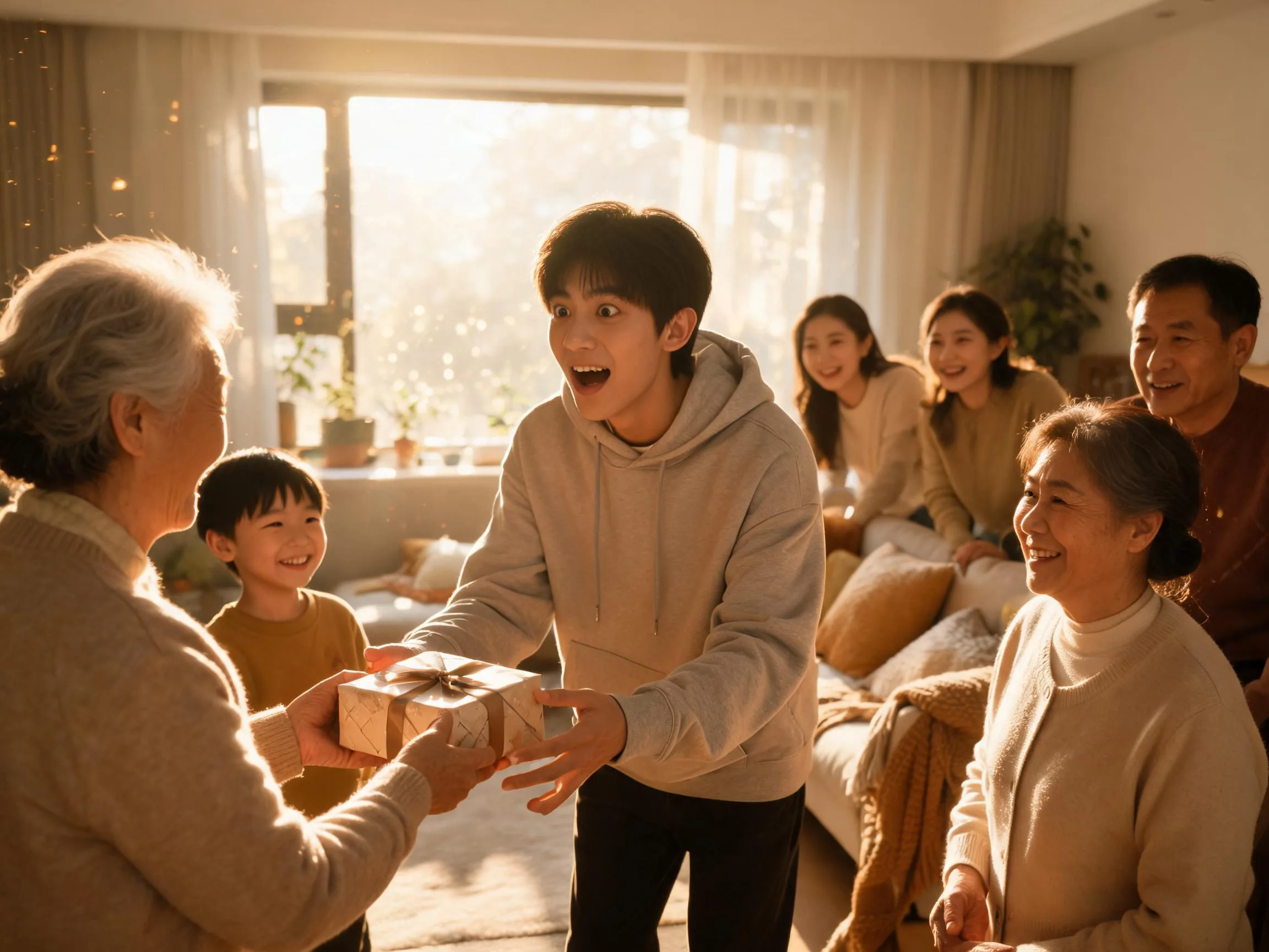 Teen genuinely surprised receiving unexpected wrapped gift from smiling grandparent indoors.