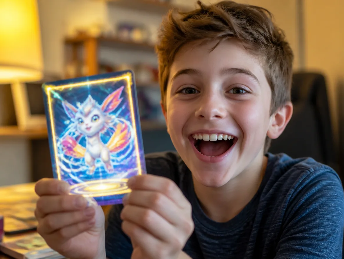 Excited kid holding up a glowing custom creature trading card