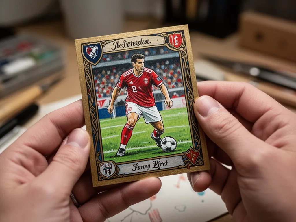 Hands carefully holding completed custom-designed sports card with detailed personal artwork and vibrant colors.