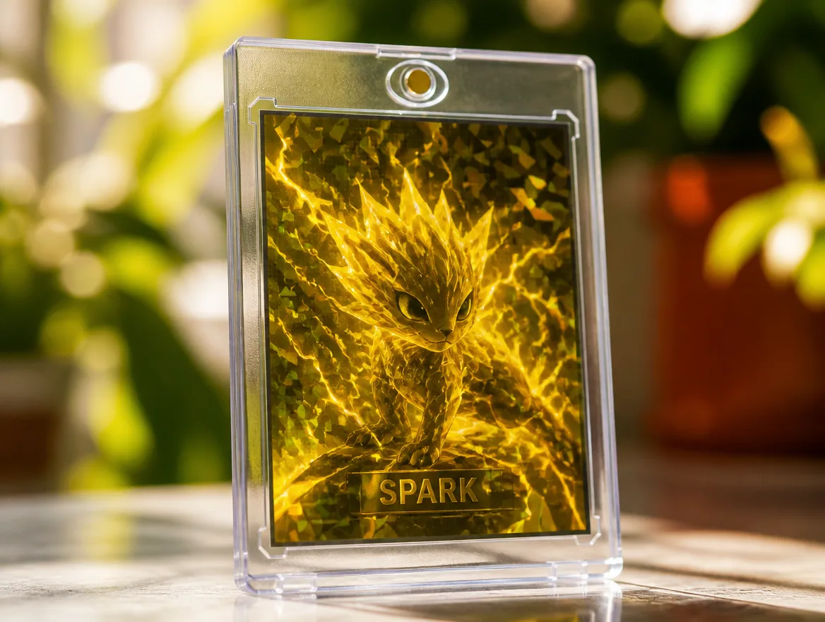 Custom creature trading card standing in a premium clear magnetic display case
