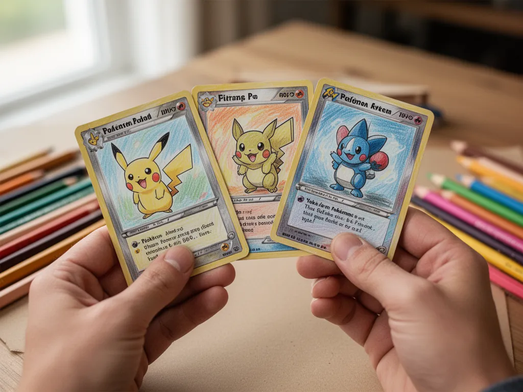 Close-up of young artist hands displaying their custom-drawn Pokemon card designs proudly