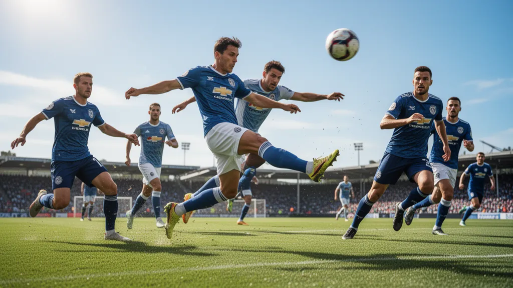 Soccer players in action during competitive match with athlete kicking ball dynamically