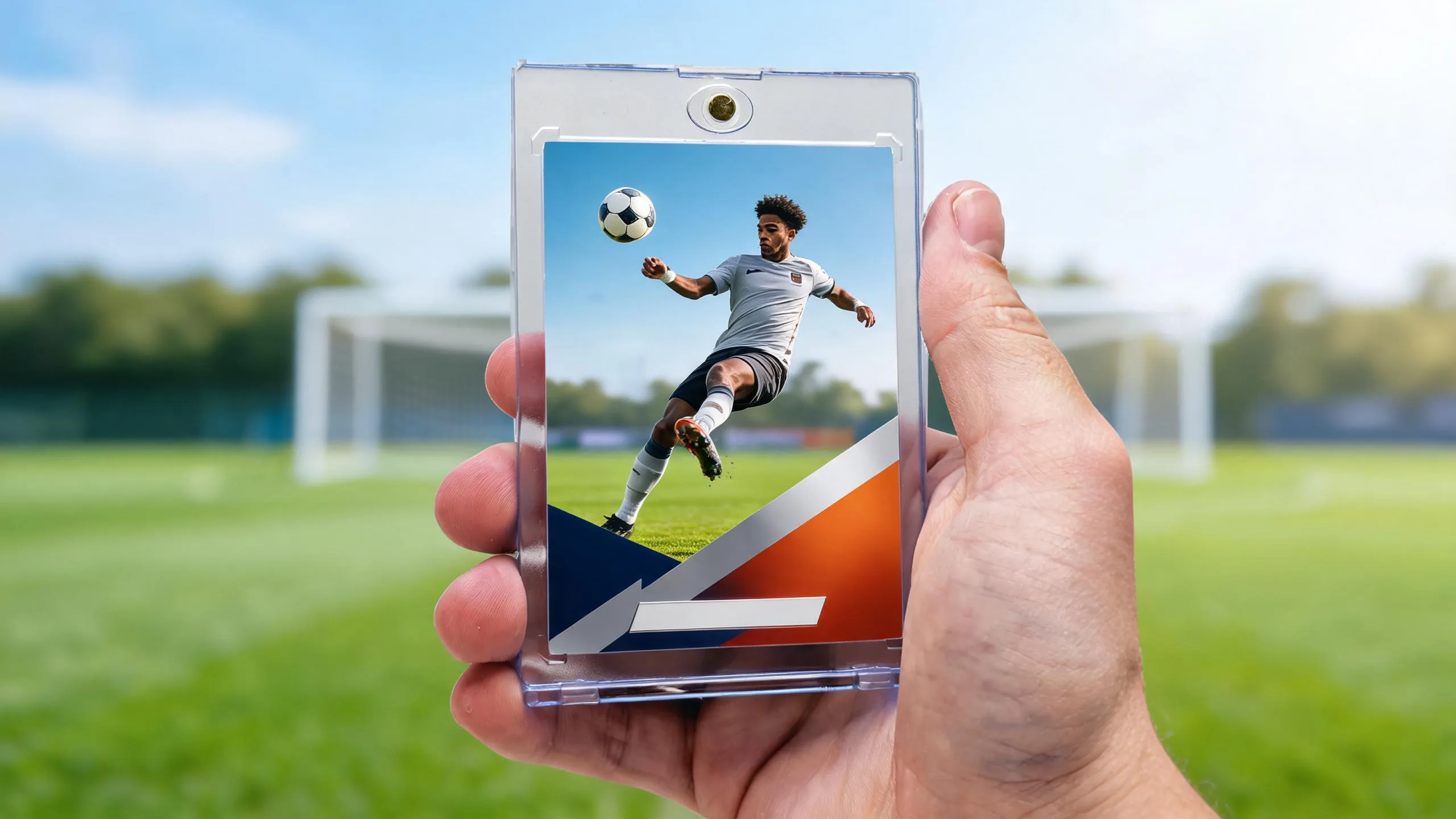 Hand holding a magnetic case with a custom make your own soccer card design, blurred pitch behind