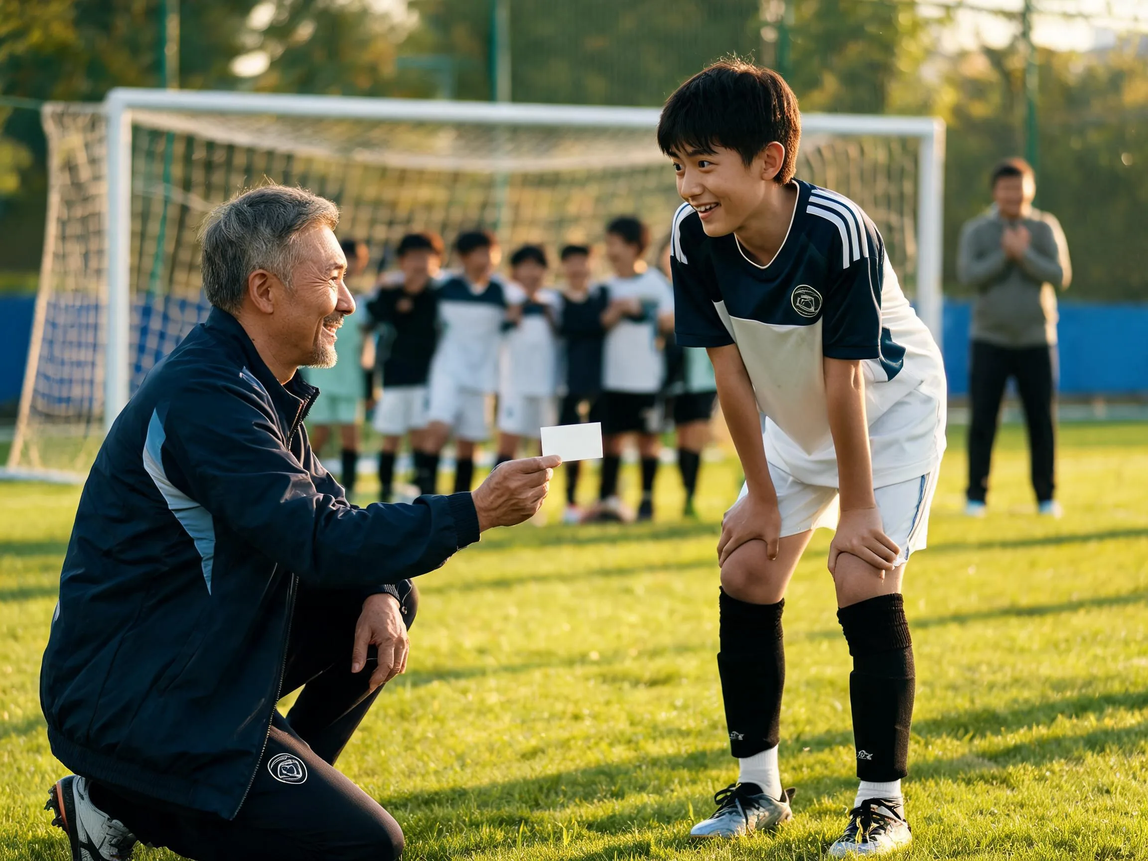 Coach handing young soccer player a small gift as parent watches, pitch and goal net behind