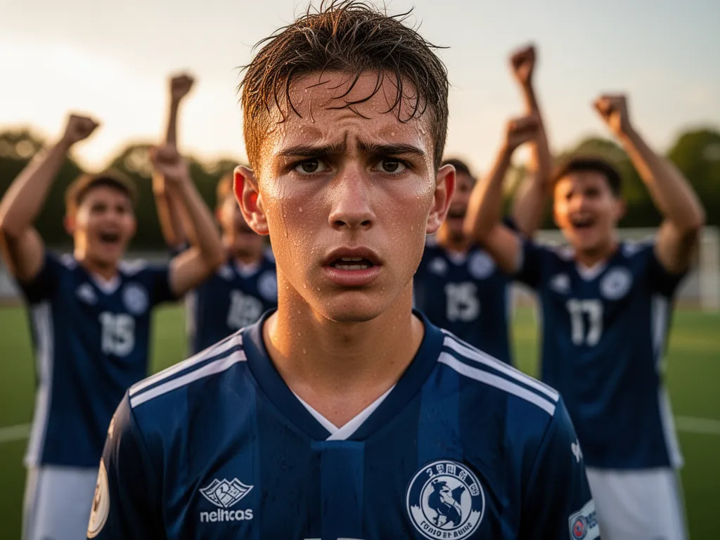 Young soccer player's determined expression during intense game with celebrating teammates nearby
