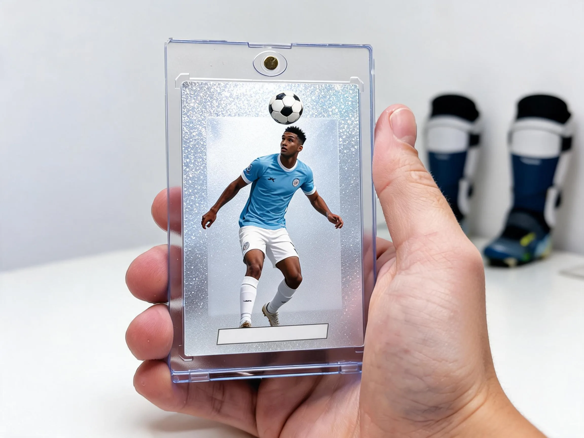 Close-up of a custom soccer trading card in a clear magnetic case on white tabletop