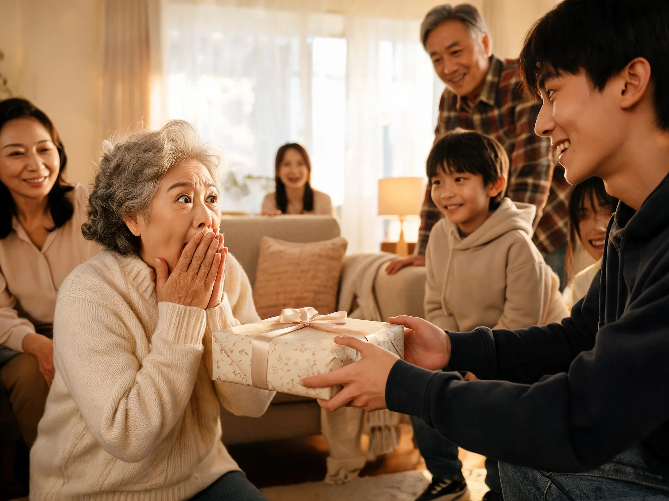 Grandmother reacts with joyful surprise while receiving an unexpected gift indoors.