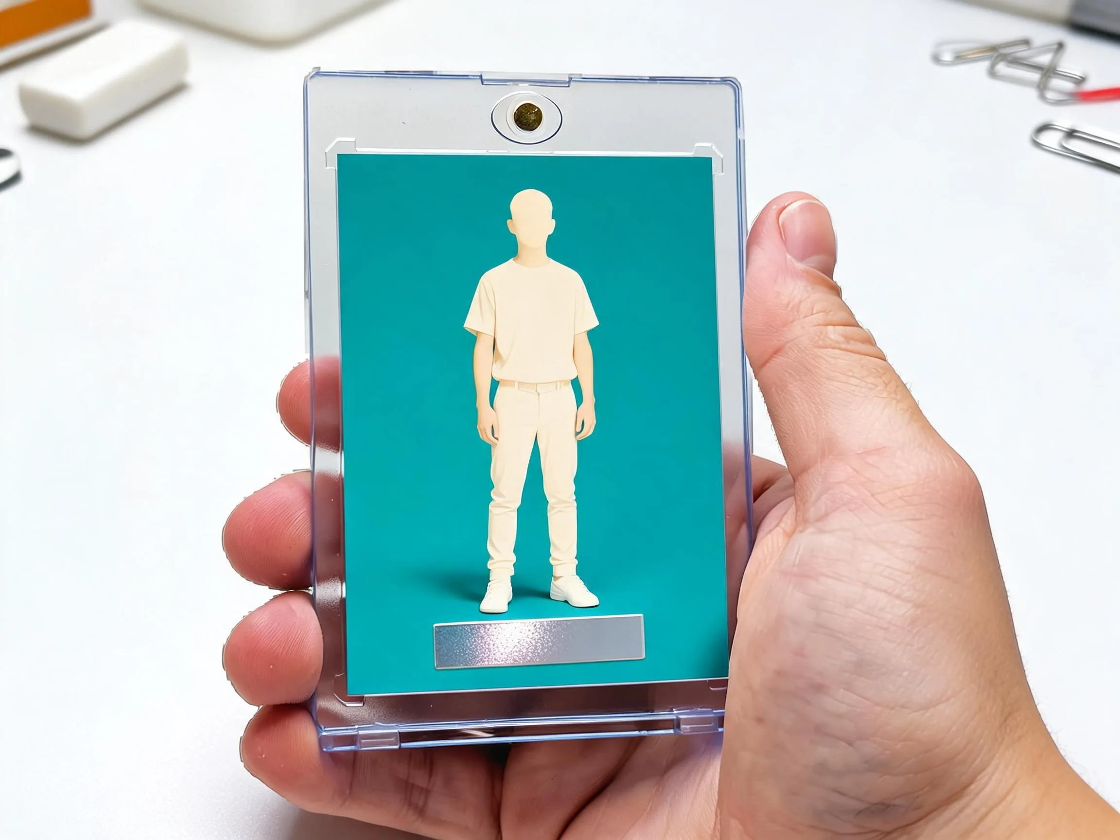 Custom keepsake trading card in a clear magnetic case displayed on a tabletop.