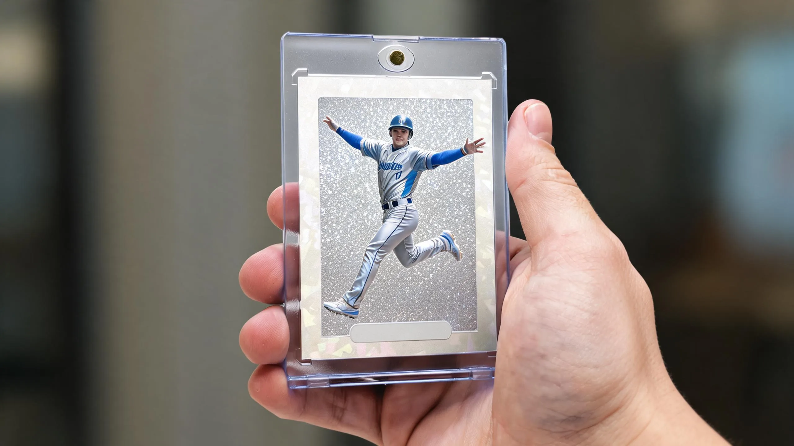 Hand holding magnetic case with custom silver-blue sports card, make your own sports cards.