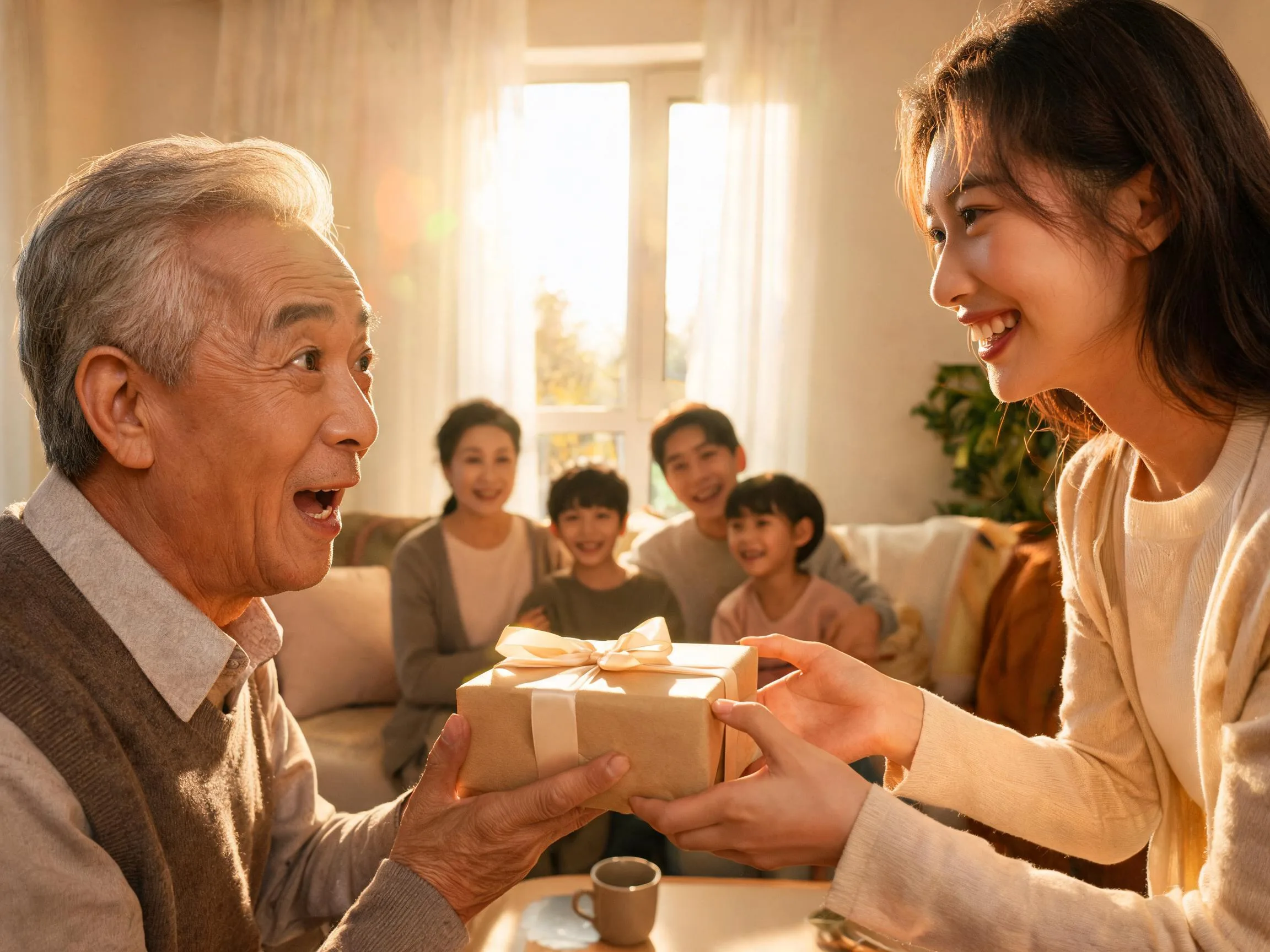 Older man reacting with genuine surprise to an unexpected gift from family.