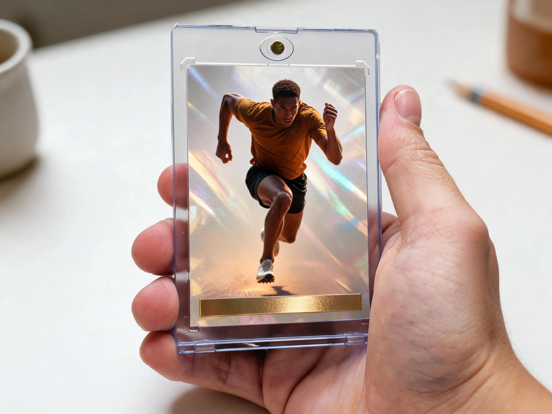 Custom keepsake trading card in magnetic case standing on white tabletop display.