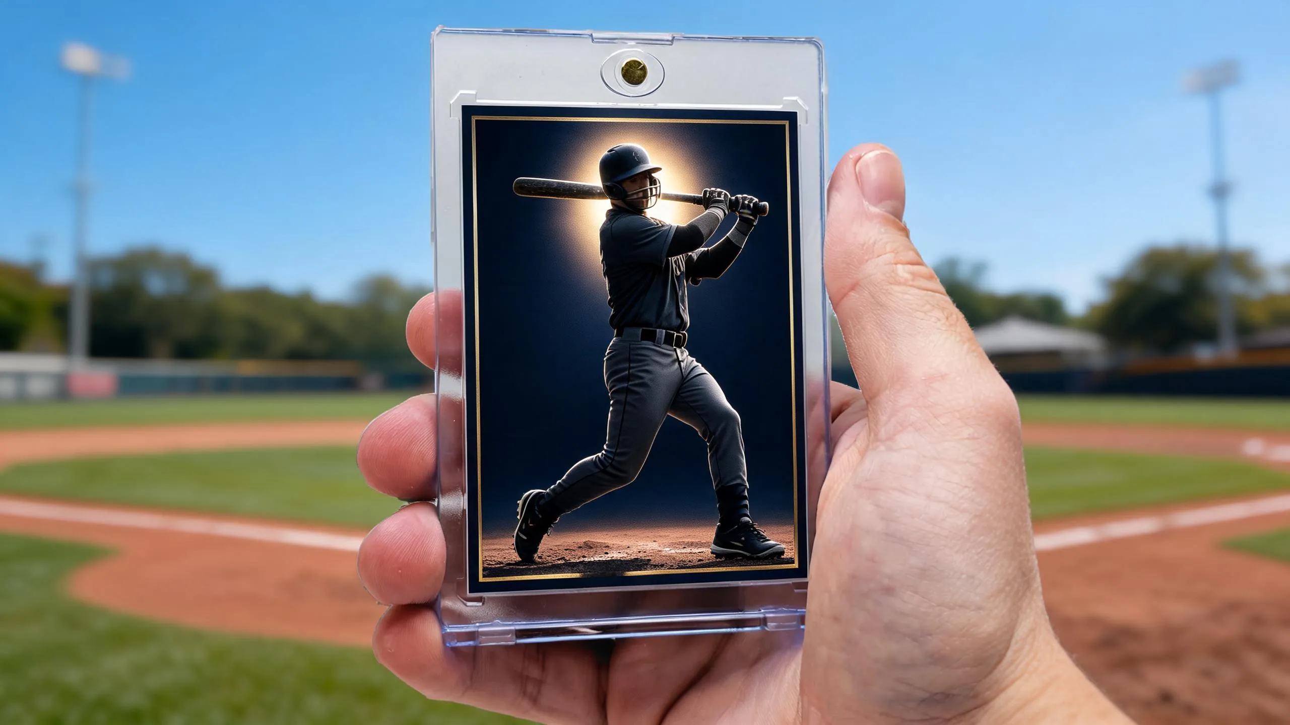 Hand holding magnetic case with custom card — make your own topps baseball card design example.