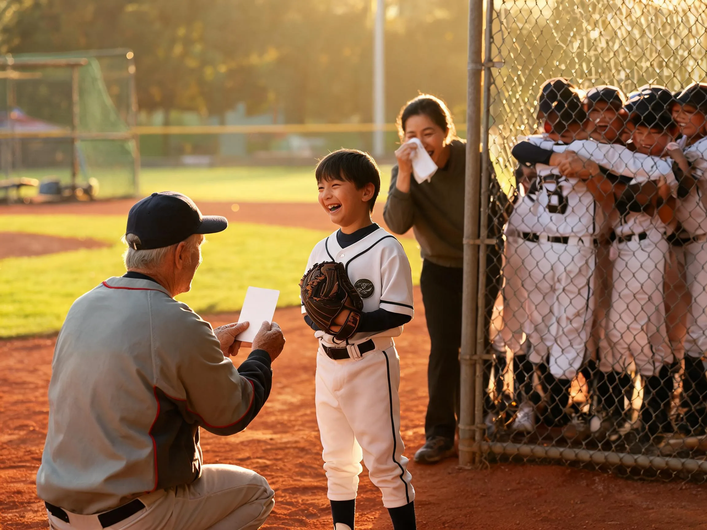Coach and young baseball player share a proud, emotional dugout celebration moment.