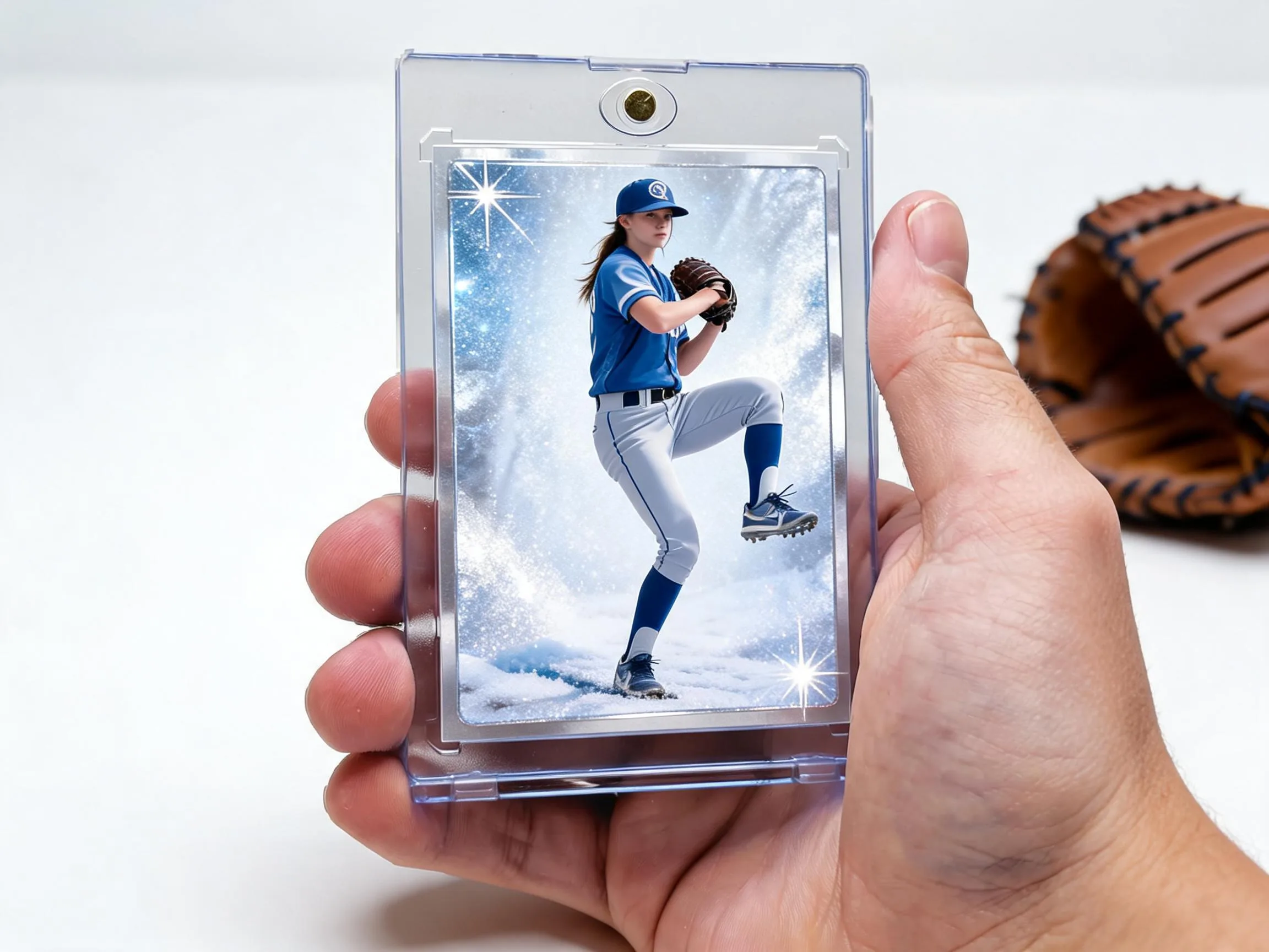 Custom baseball trading card in clear magnetic case, silver-blue refractor design.