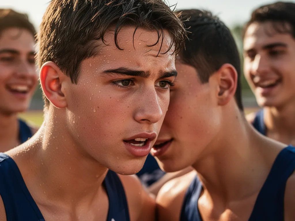 Athlete's concentrated face during competition with supportive teammates visible in soft focus behind