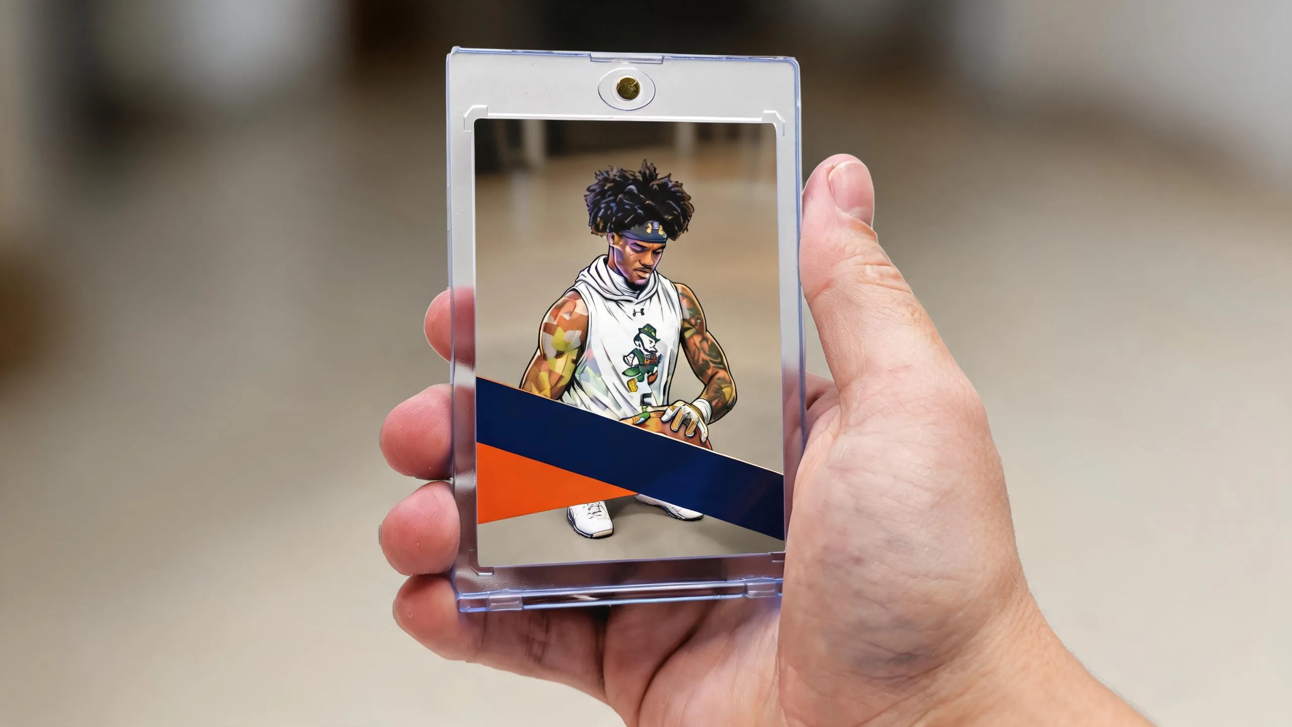 Hand holding a magnetic case with a custom make your own trading card, studio light.