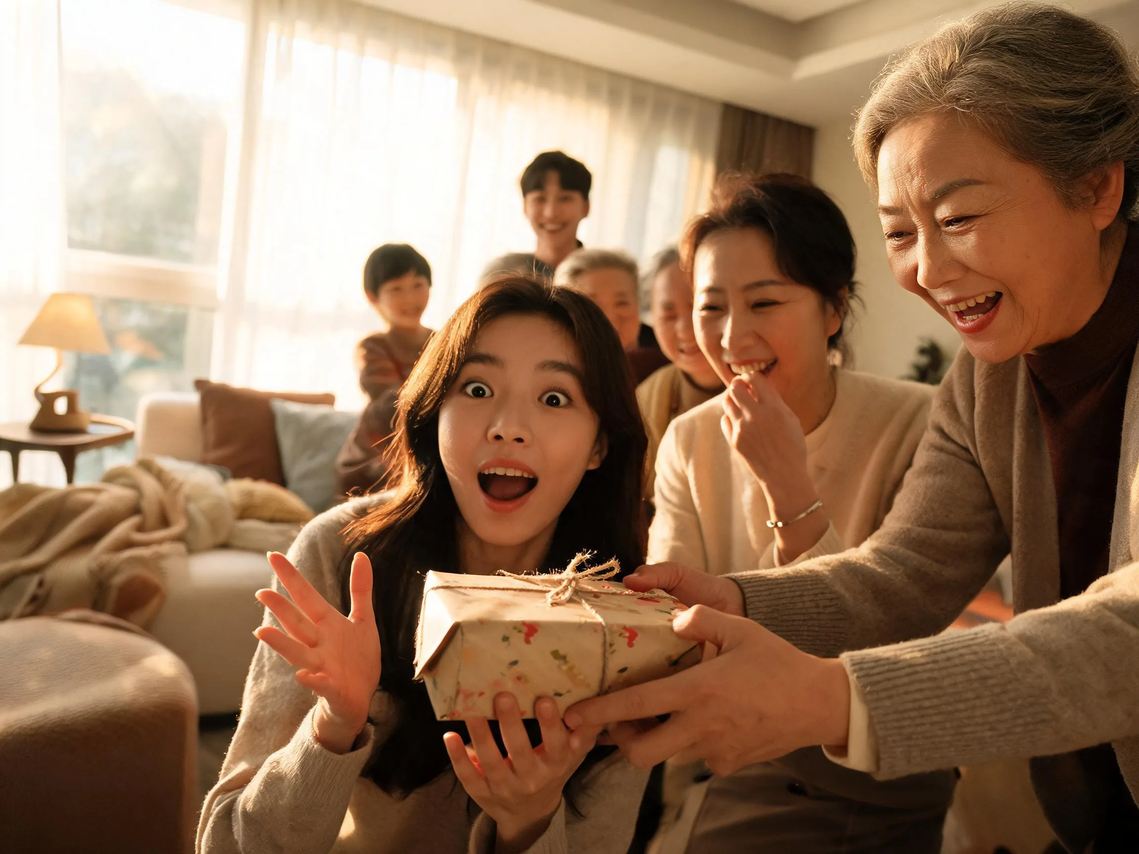 Person reacting with joyful surprise while being handed an unexpected gift indoors.
