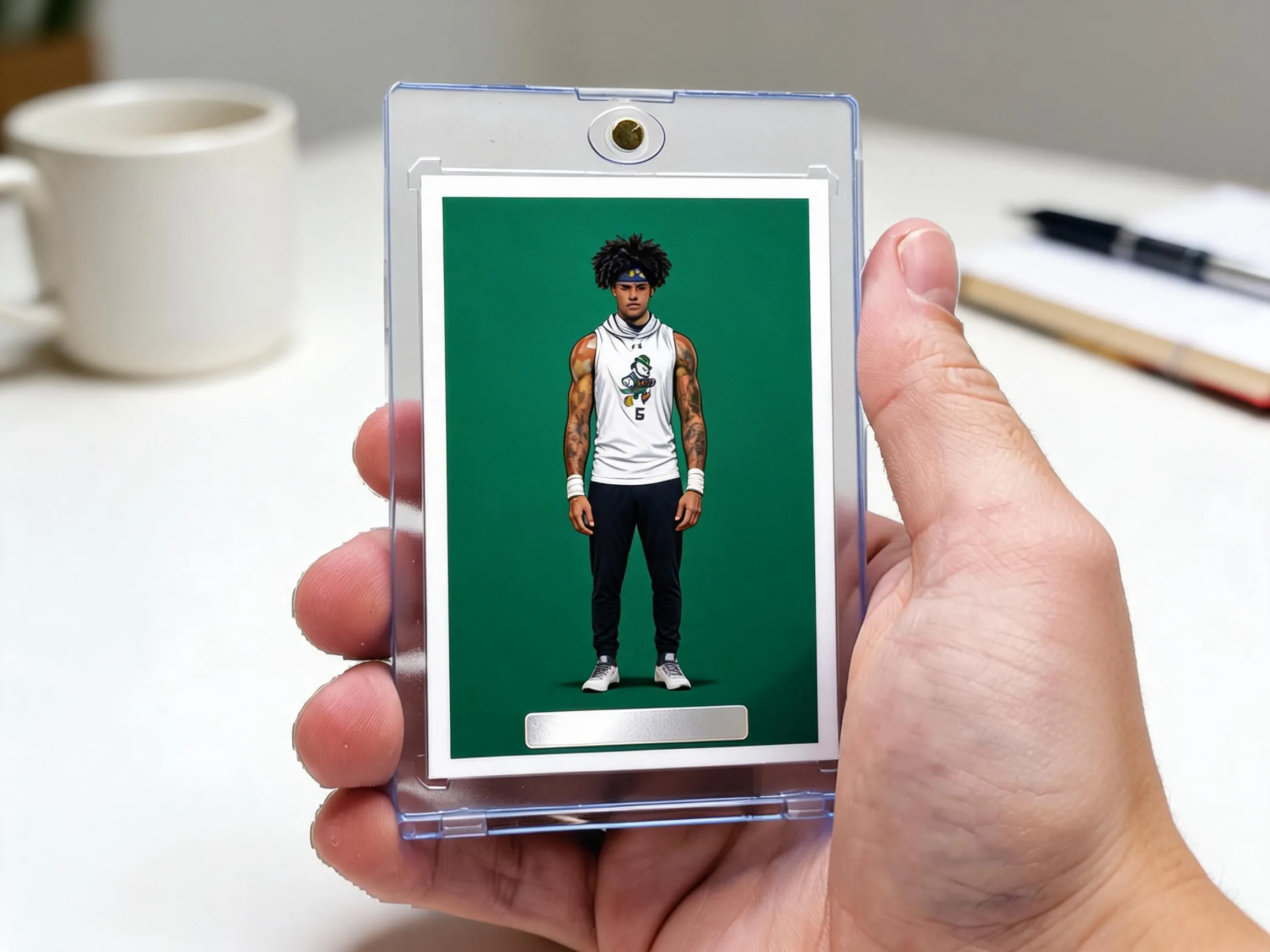 Custom keepsake trading card in a magnetic case, green editorial design, close-up.