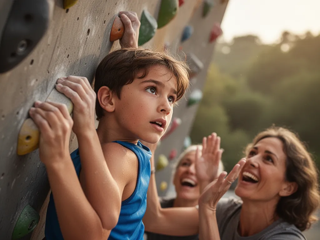Young climber concentrating intensely while ascending with supportive parent watching from ground below