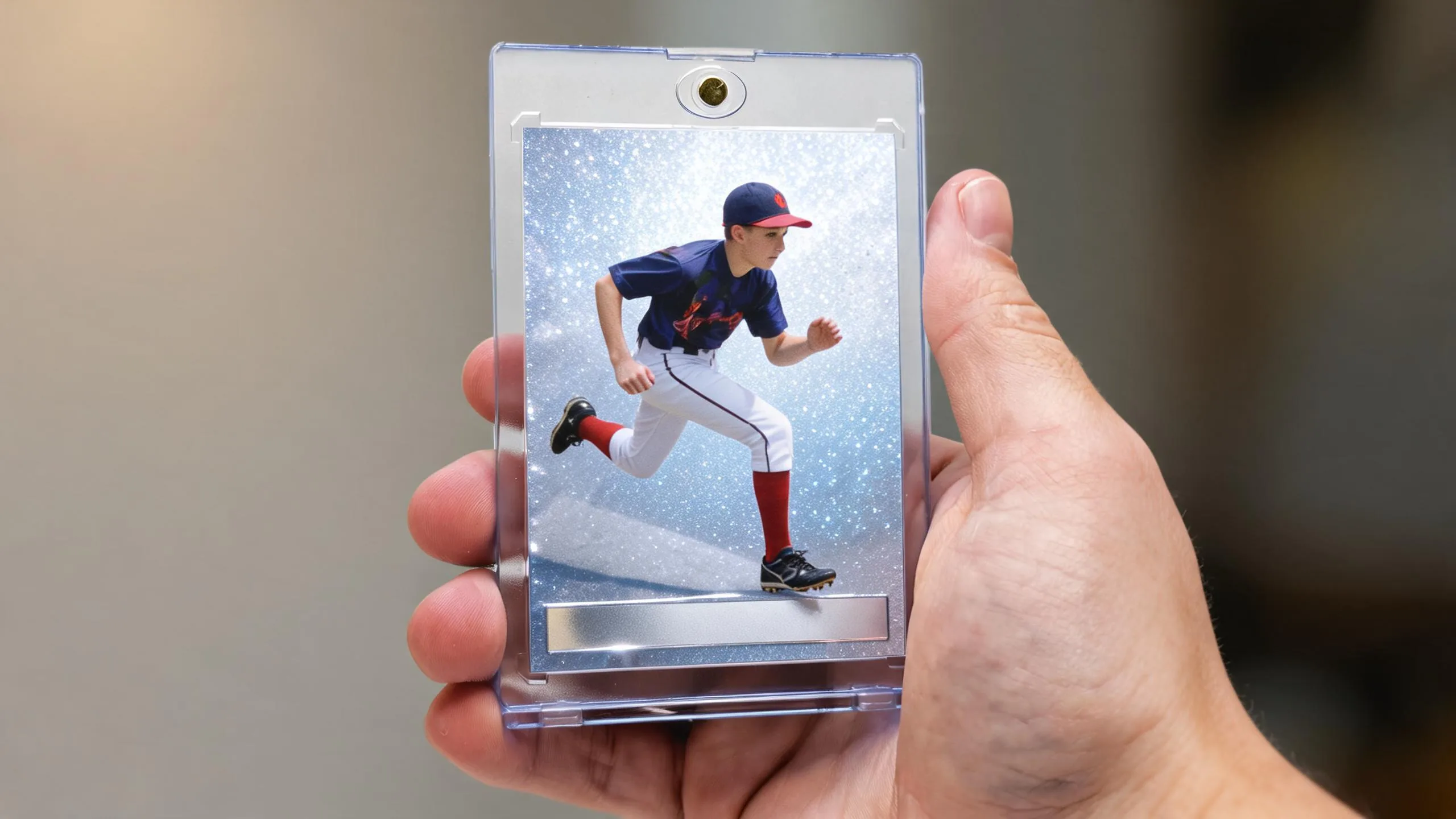 Hand holding a magnetic case with a custom silver-blue trading card, make your own trading cards.