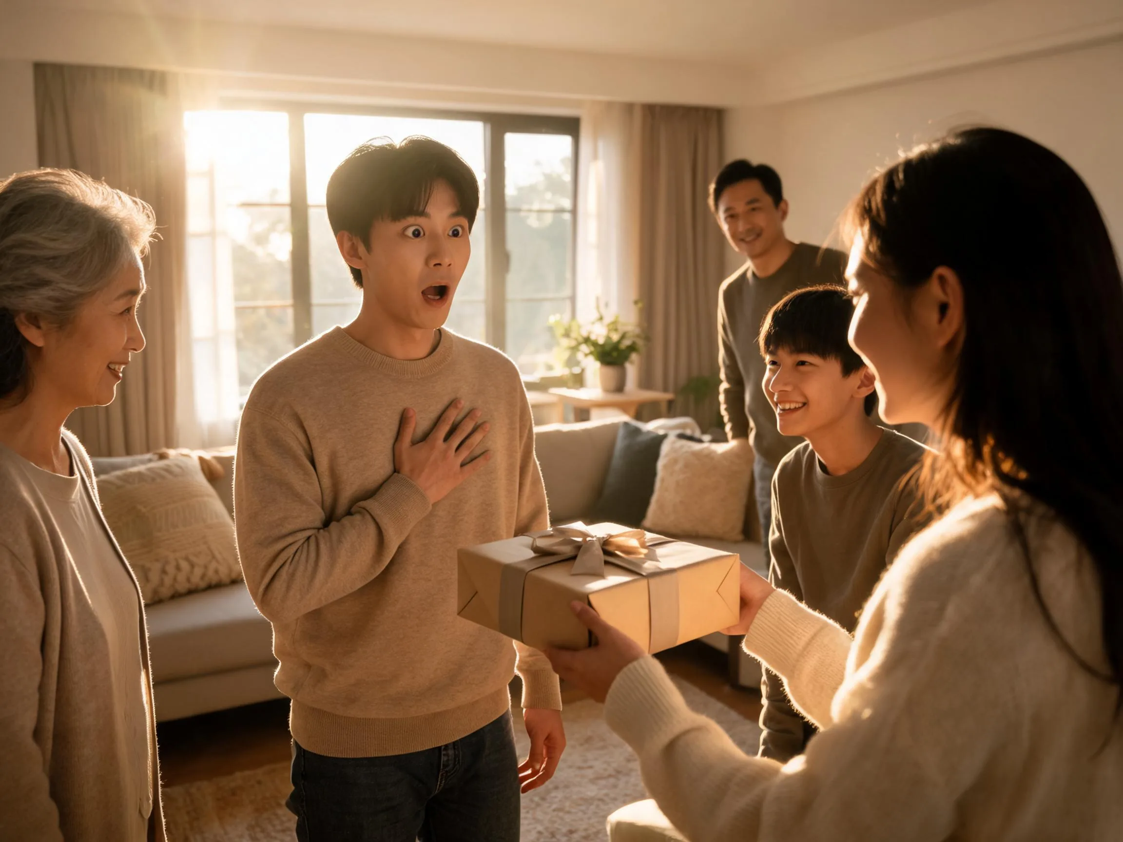 Person reacting with genuine surprise to an unexpected gift among family in warm light.