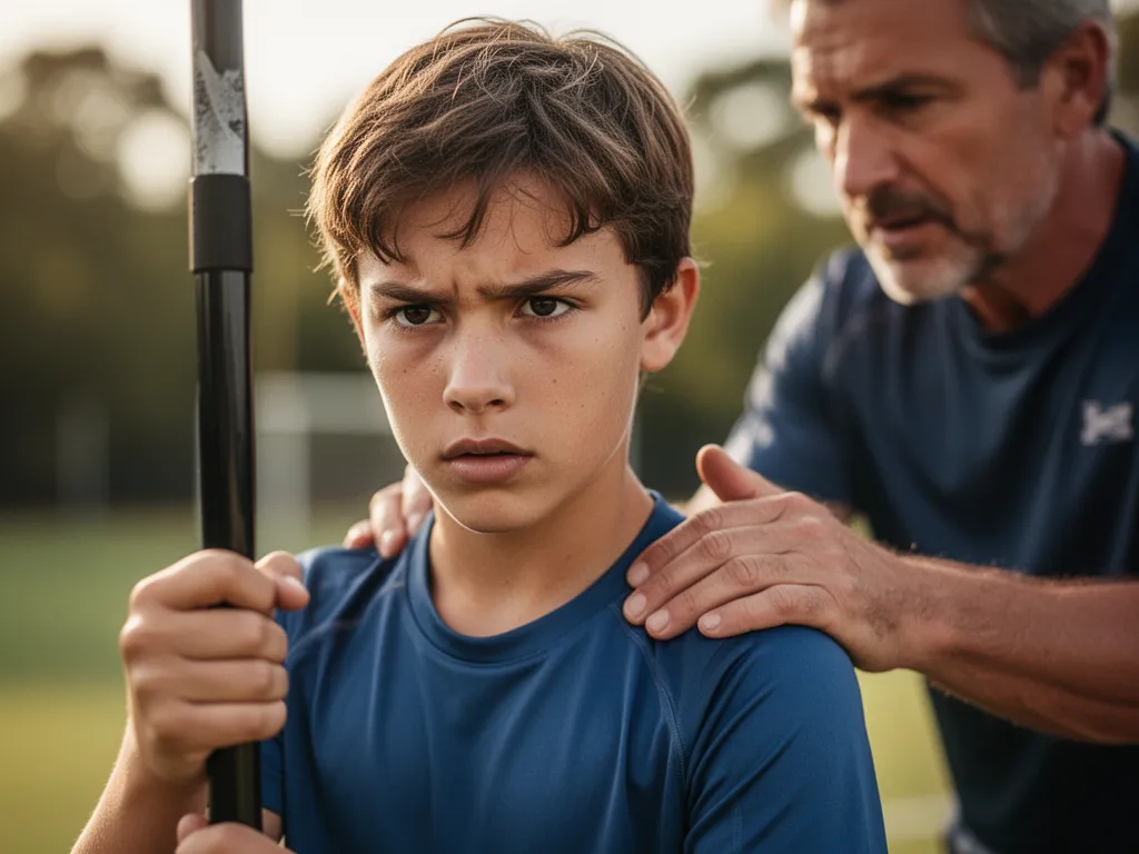 Young athlete receiving coaching encouragement with concentrated focus during outdoor practice