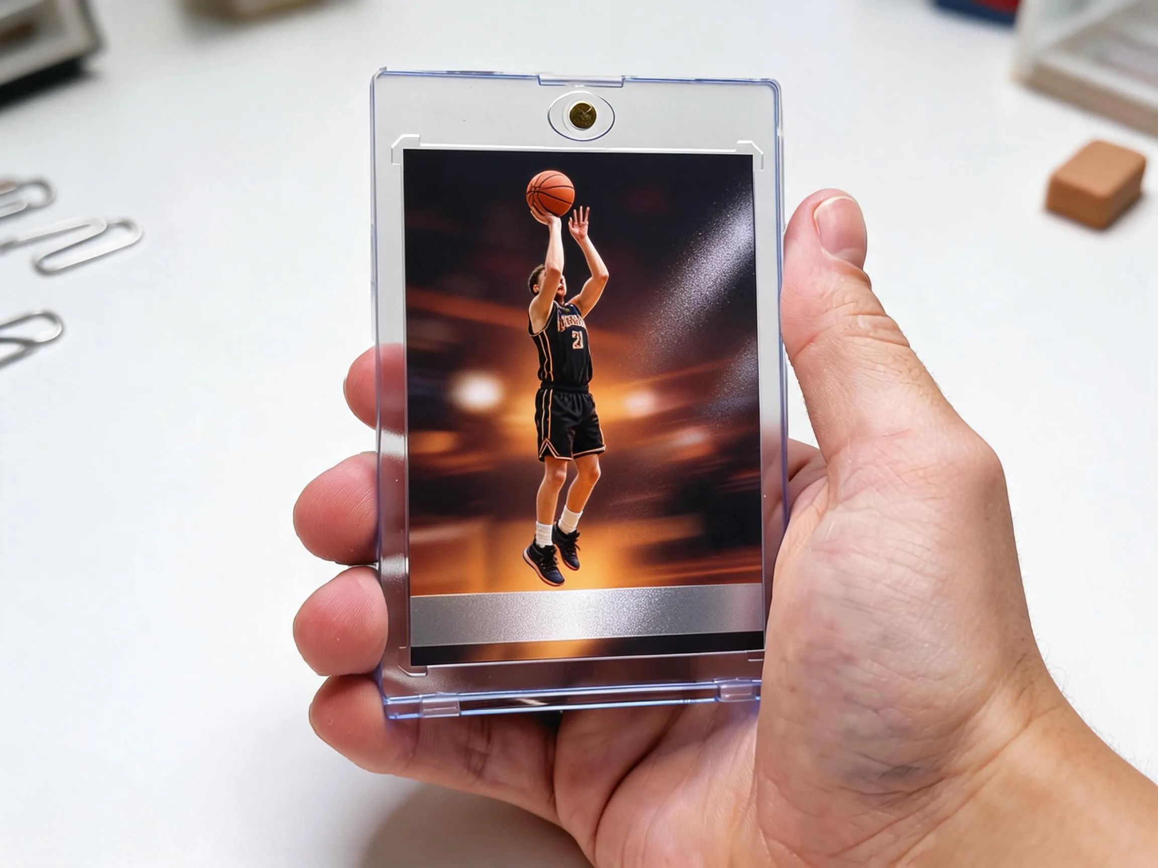 Custom keepsake trading card with amber action photo in a magnetic display case.