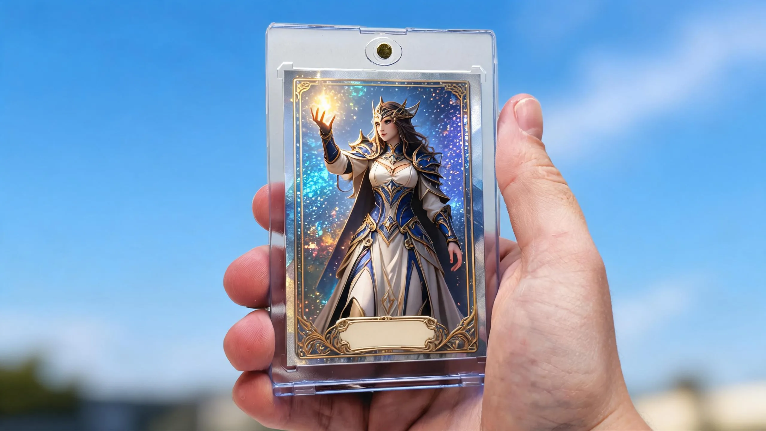 Hand holding a magnetic case with a custom holographic make your pokemon card design outdoors.