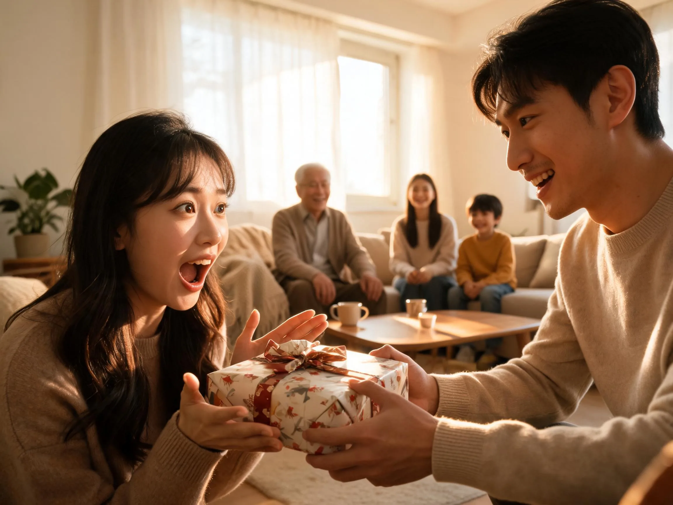 Person reacting with joyful surprise while receiving an unexpected gift indoors.