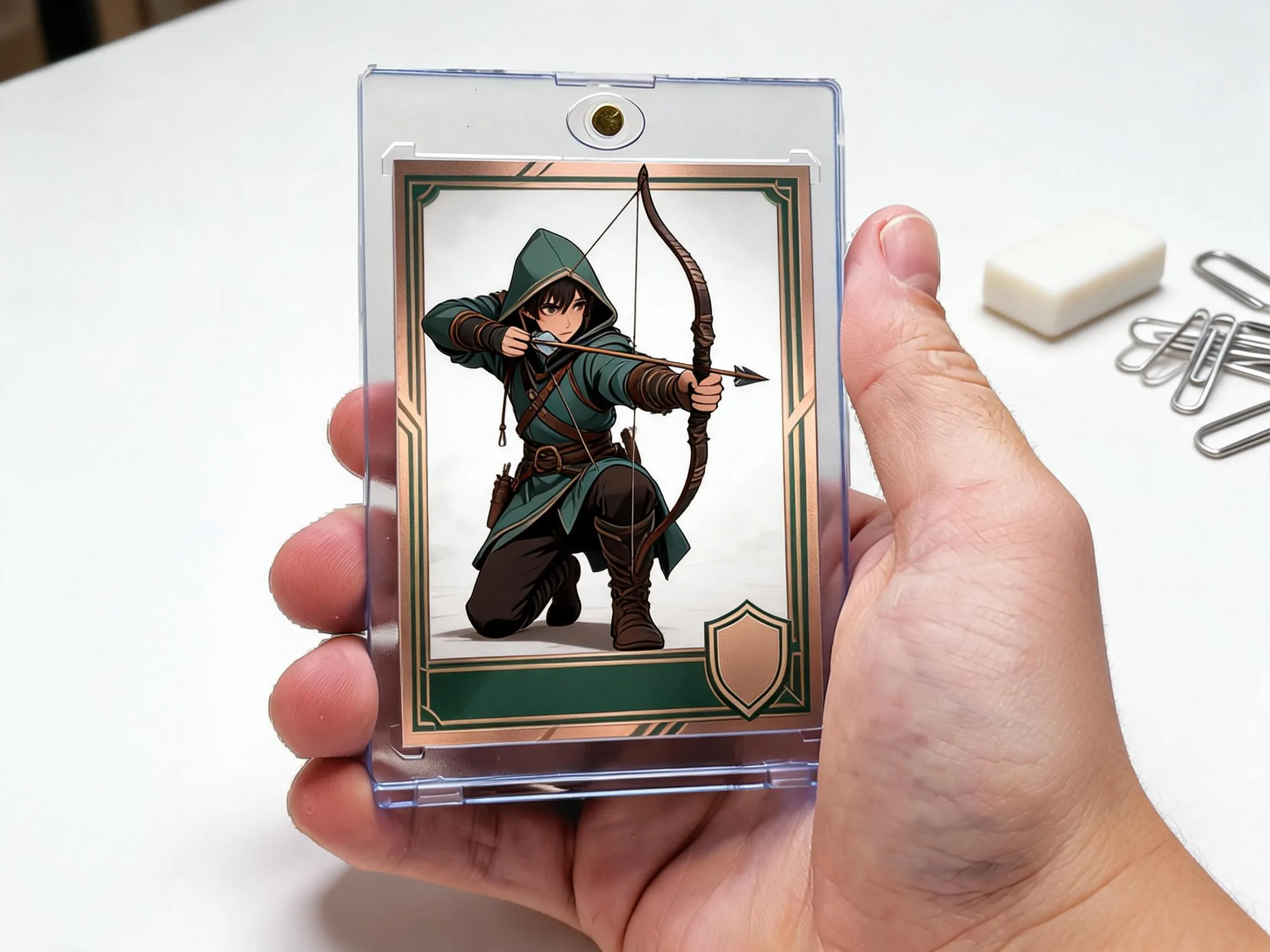 Custom keepsake trading card in a magnetic case with painted archer illustration.