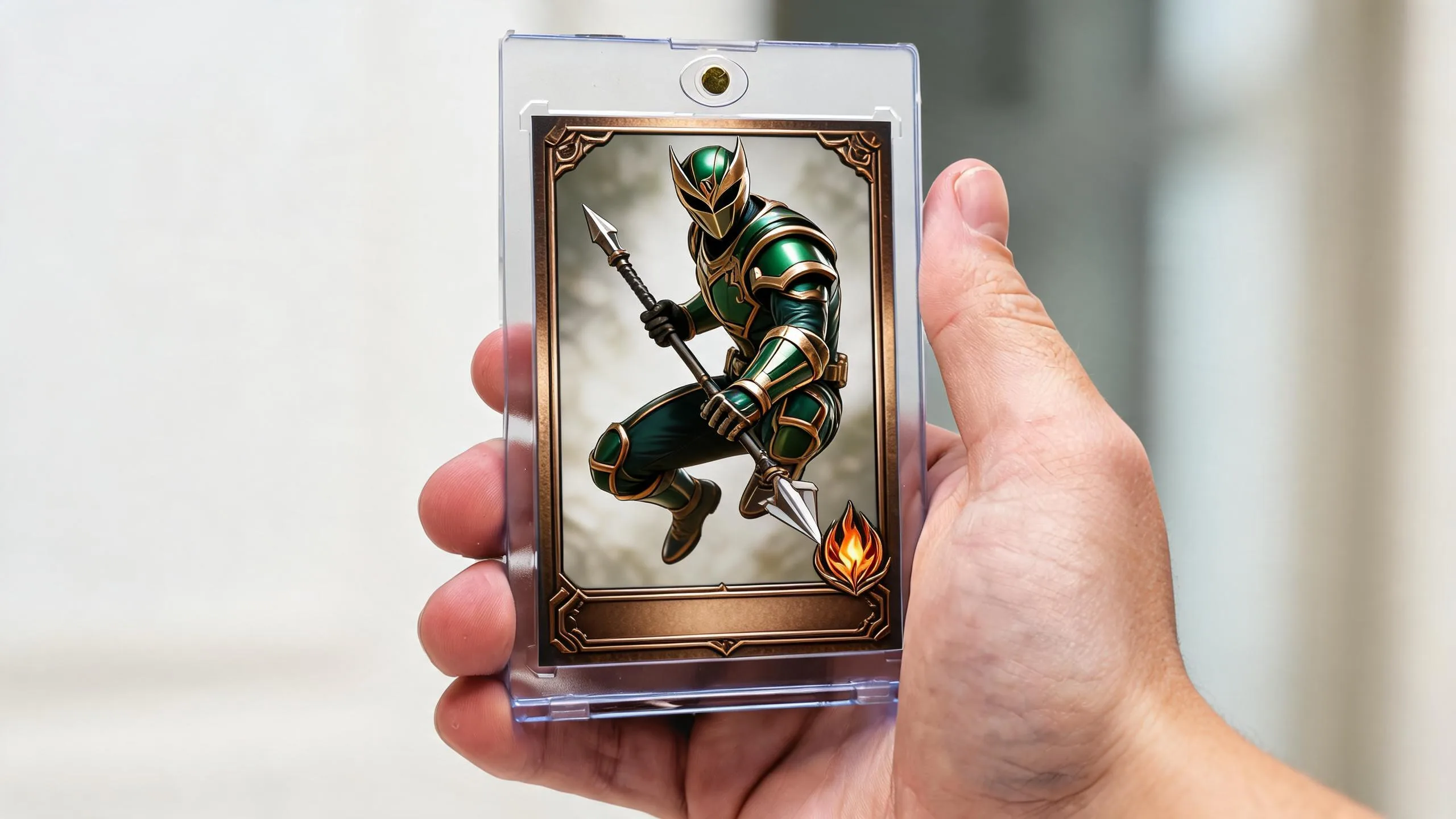 Hand holding magnetic case with fantasy full-art ranger card, demonstrating how to make yugioh card.