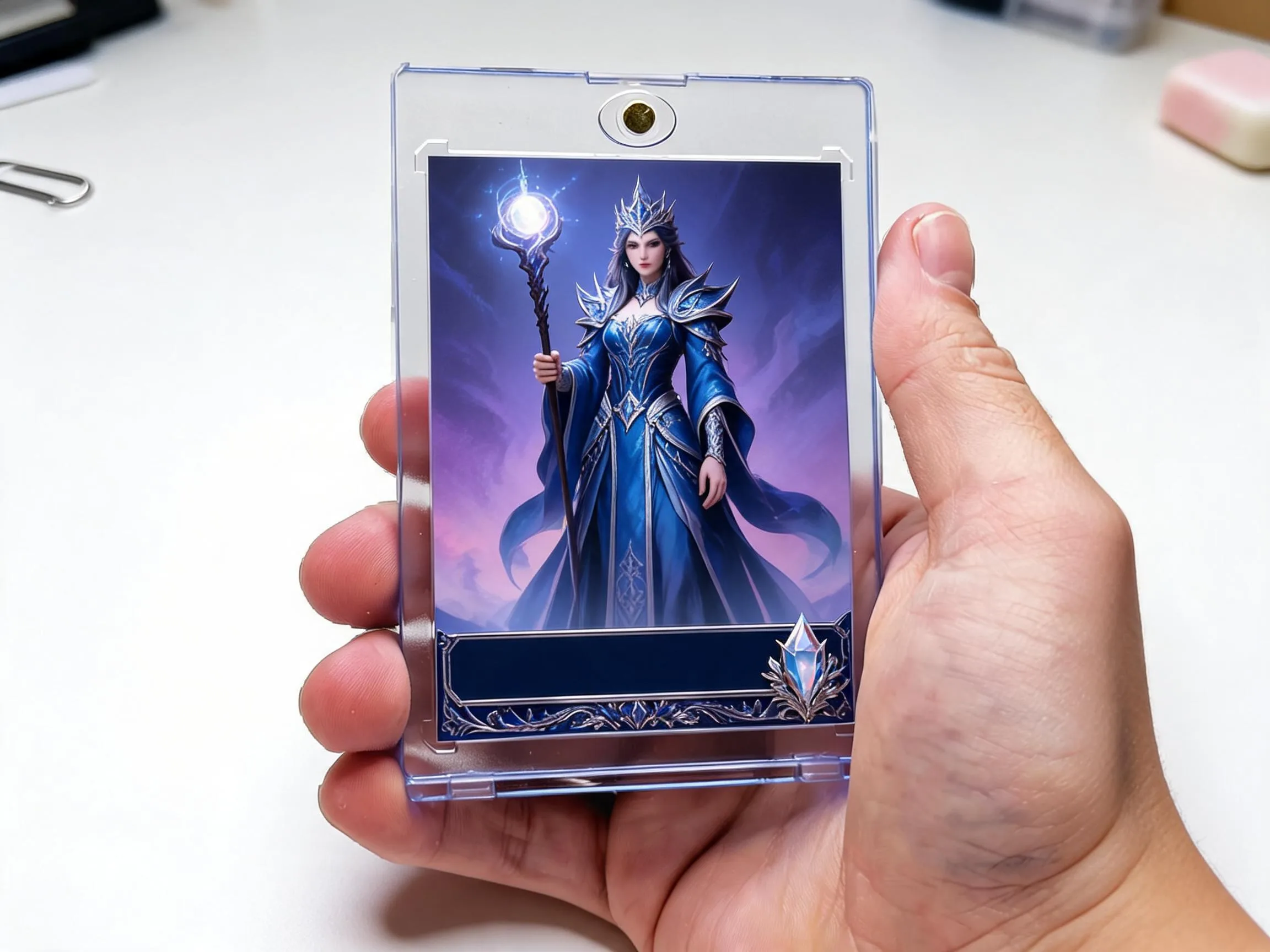 Custom keepsake trading card in magnetic case, sorceress artwork, displayed on white tabletop.