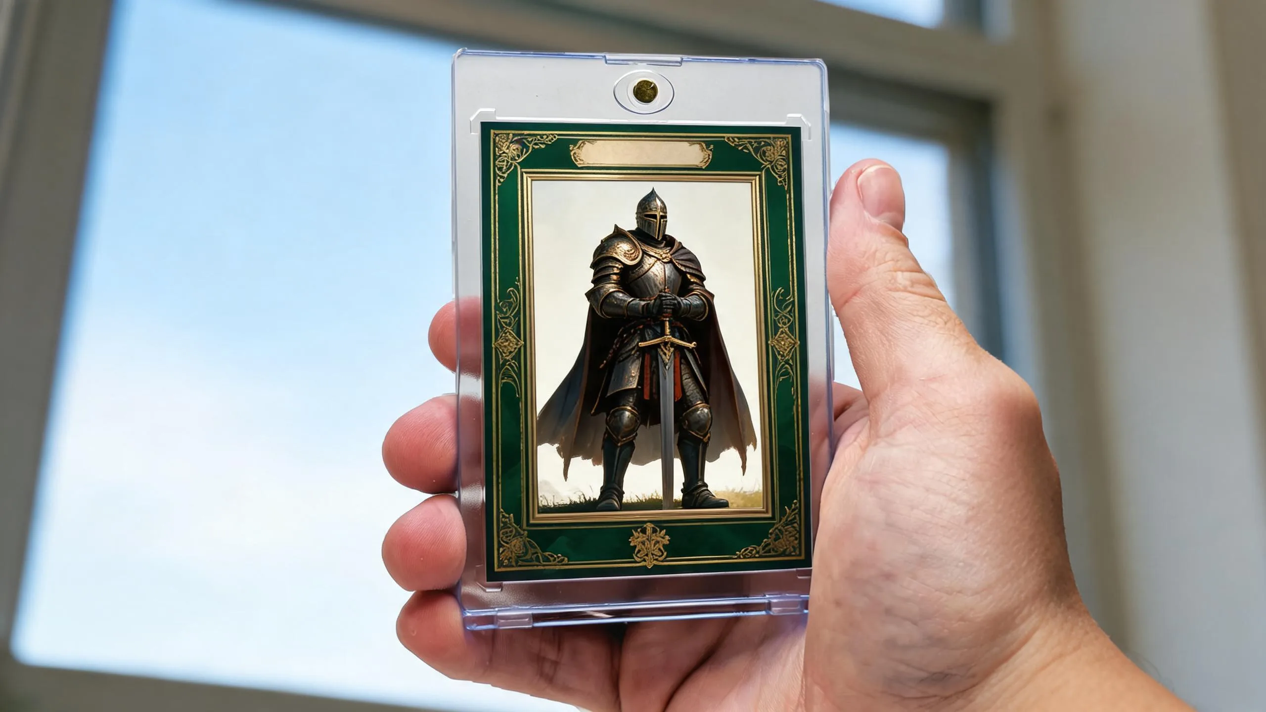 Hand holding magnetic case with fantasy card, showing how to make yugioh cards with custom art.