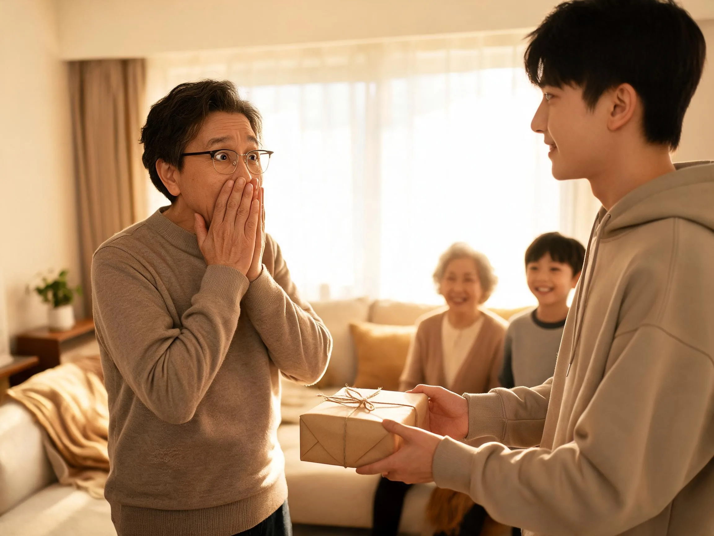 Family member reacting with genuine surprise while being handed an unexpected wrapped gift indoors.