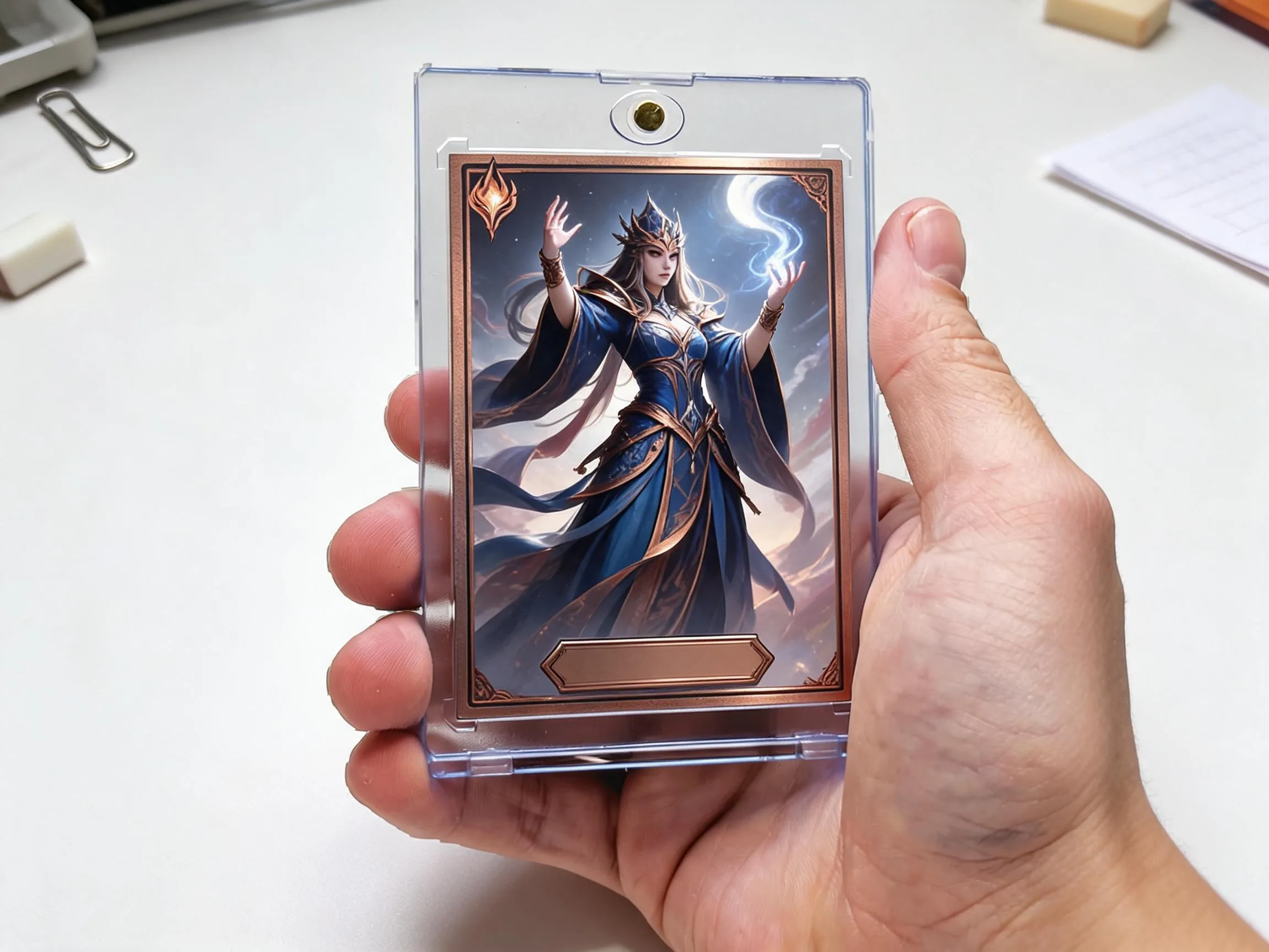 Custom keepsake trading card in a magnetic case, displayed on a white tabletop surface.
